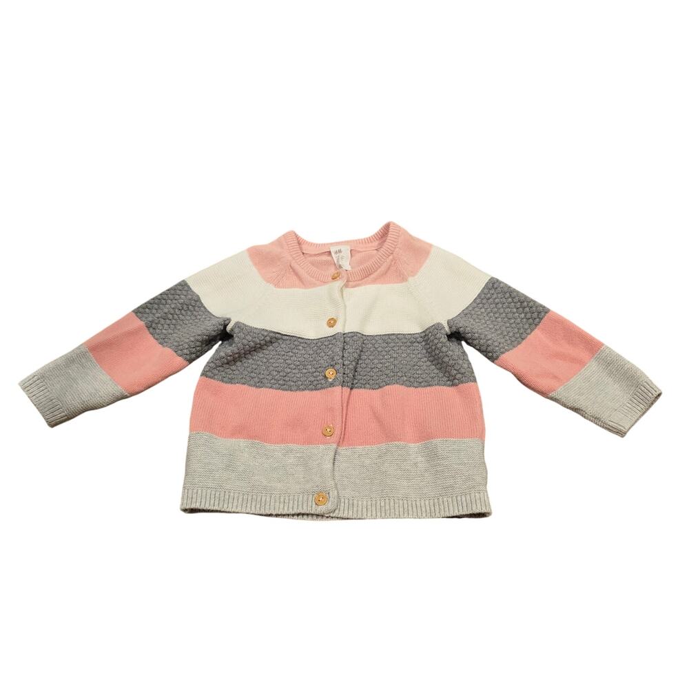 Baby Girl's H&M Pink Gray Striped Cotton Sweater Cardigan | Size 12-18 Months